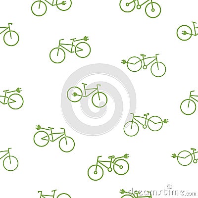 Seamless pattern with electric bike. Geen eco bicycle with plug background. Cartoon Illustration